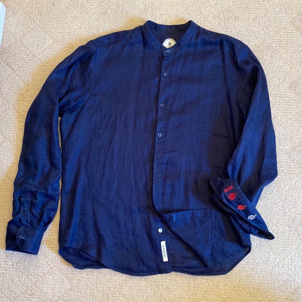 Ganesh men’s navy blue linen long sleeve button down. Size L.